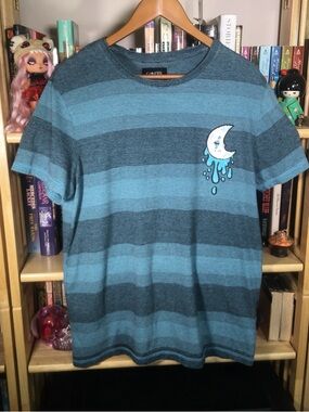 Striped Blue Graphic Moon Tee, Hand Painted, OOAK, upcycle, unisex